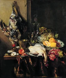 Pronkstilleven met fruit en gevogelte