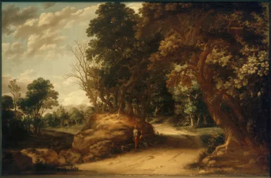 Boslandschap met rustende wandelaars