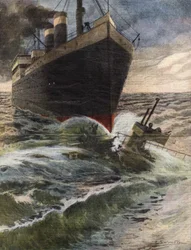 Een Duitse transatlantische boot kantelt en breekt een onderzeeër van de Engelse vloot voor de kust van Dover - Illustratie door Beltrame - 