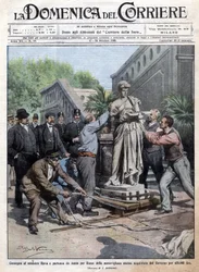 Een door de regering voor 450 duizend lire gekochte standbeeld wordt naar Rome gebracht en afgeleverd aan minister Rava. Ill. door Beltrame. La Domenica del Corriere. 10/1909