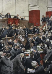 Een stormachtige zitting in de Italiaanse Kamer van Afgevaardigden tijdens een begrotingsdebat. Afgevaardigde Chiesa schorst de stemming door de stembus te gooien - "La Domenica del Corriere"