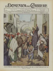 Officiële annexatie van Tripolitanië aan Italië, herauten die in het Arabisch voorlezen in de straten