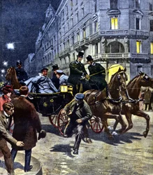 Aanslag op de Duitse keizer Wilhelm II (1859 - 1941) tijdens zijn rit in een koets naar het station van Bremen, de avond van 6/03/1901. Illustratie van Beltrame. La Domenica del Corriere. 17/06/1901.