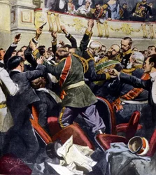 Aanslag op de Russische minister Stolypin in het gemeentelijk theater van Kiev. Illustratie van Beltrame