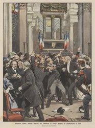 Aanslag op Alfred Dreyfus in het Pantheon van Parijs tijdens de verheerlijking van Zola