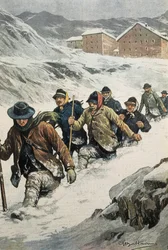 Italiaanse arbeiders steken de St. Bernardpas over tussen Aosta en Zwitserland. Omslag van “La Domenica del Corriere”. 14/02/1904. Lithografie.