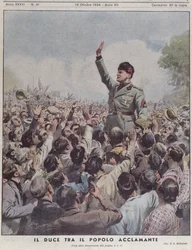 Benito Mussolini (1883-1945) toegejuicht door het volk, uit 