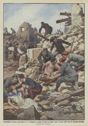 Catastrofale aardbeving in Abruzzo en Campania, de eerste zoektocht naar de begravenen onder de ruïnes