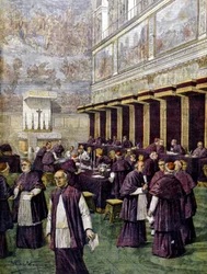 Conclaaf in de Sixtijnse Kapel voor de verkiezing van de nieuwe paus. Illustratie van Beltrame. La Domenica del corriere. 1903.