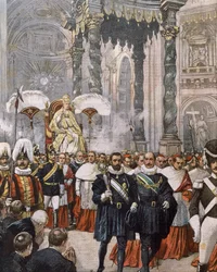 Kroning van paus Pius X in de Sint-Pietersbasiliek, Vaticaan, illustratie door Achille Beltrame uit La Domenica del Corriere