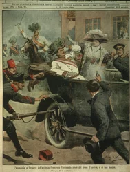 Omslagillustratie van de moord op aartshertog Frans Ferdinand van Oostenrijk, erfgenaam van de Oostenrijks-Hongaarse troon, Sarajevo