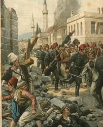 Omslagillustratie van Bulgaren die Thessaloniki binnenvallen en de bevolking terroriseren
