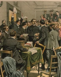 Omslagillustratie van de aankomst van Maxim Gorky bij een bijeenkomst van Russische revolutionairen; Londen, Engeland