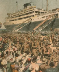 Omslagillustratie van de landing van Italiaanse troepen in Oost-Afrika