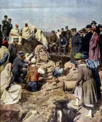 Ontdekking van een buste van Jupiter in Sabratha in Libië in 1925. illustratie door Achille Beltrame