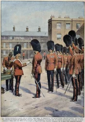 Verdeling van klaver voor Sint-Patrick (Patroonheilige van Ierland) door Ierse regimenten, Engeland - tekening door A. Beltrame, in 