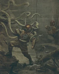 Duiker aangevallen door reuzenoctopus tijdens duik, door Achille Beltrame, illustratie, Illustrator Achille Beltrame (1871-1945), uit La Domenica del Corriere, 25 oktober 1908