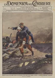 Oorlogsepisoden, twee Franse soldaten, een verblind en een gewond aan een been helpen elkaar