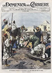 Gebeurtenissen in Marokko: een rebellenstam geeft zich over aan de vertegenwoordigers van de sultan. Illustratie door Beltrame. La Domenica del Corriere