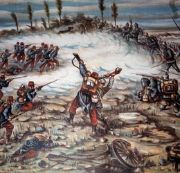 Eerste Wereldoorlog (1914-1918): een gevecht tussen de Franse en Duitse strijdkrachten tussen Altkirch en Mulhouse op 21/08/1914. Illustratie door Achille Beltrame, privécollectie
