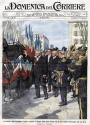 De Franse president Armand Fallieres (1841 - 1931) reikt de medaille van het Legioen van Eer uit aan een held die in de strijd is gesneuveld. Ill. de Beltrame. La Domenica del Corriere. 31/03/1907