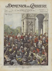 De koninklijke familie van Italië in Parijs, de triomfantelijke intocht van de stoet op de Avenue des Champs-Elysées