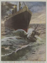 De grote rampen, Duitse oceaanstomer die een onderzeeër aanrijdt, breekt en laat zinken