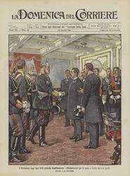 De president van de Verenigde Staten presenteert respectievelijk de gevolmachtigden voor de vrede, aan boord van zijn jacht