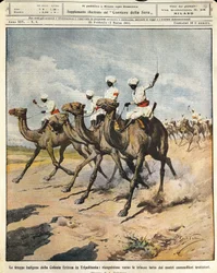 Inheemse troepen uit de Eritrese kolonie in Tripolitanië, illustrator Achille Beltrame, uit La Domenica del Corriere, 25 februari 1912