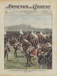 De militaire parade ter ere van president Loubet, in Rome, de fietsers van de Bersaglieri marcheren