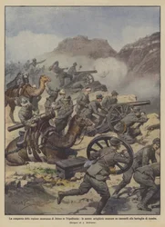 De verovering van het bergachtige gebied van Jefren in Tripolitanië, onze artillerie gemonteerd