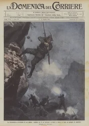 Het dramatische avontuur van een alpino, hangend boven een ravijn, vecht en verjaagt een groep Oostenrijkers