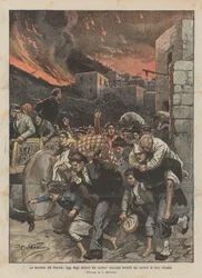 De uitbarsting van de Vesuvius, vlucht van de inwoners van de Vesuviaanse gemeenten getroffen door lavastromen