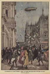 De propaganda voor de Nationale Lening in Milaan, een luchtschip gooit gekleurde folders over het Piazza del Duomo