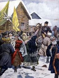 Bijgeloof in Rusland: de politie probeert de sekte van de nieuwe christenen te verspreiden. Illustratie van Beltrame. La Domenica del Corriere. 1901.