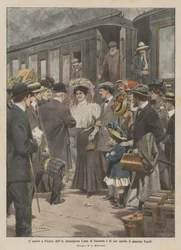 De aankomst in Florence van de ex-prinses Louise van Saksen en haar man de pianist Toselli