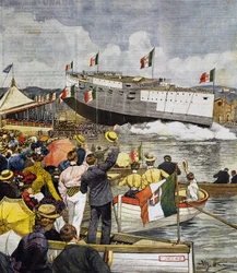 Te water laten van slagschip Regina Margherita in La Spezia, paneel door Achille Beltrame (1871-1945), La Domenica del Corriere, 9 juni