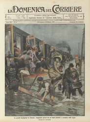 De grote overstromingen in Frankrijk, reizigers gered van een trein getroffen en gestopt door het water