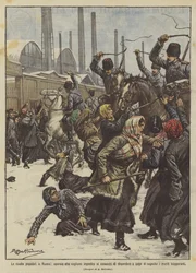 De volksopstanden in Rusland, arbeidersvrouwen die willen voorkomen dat de Kozakken hen met geweld verdrijven