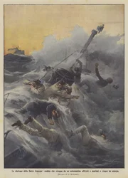 De tegenslagen van de Franse vloot, een golf die officieren en matrozen van een onderzeeër sleurt en vijf verdrinkt