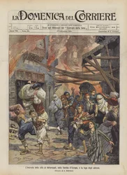 De brand in de stad Adrianopel, in Europees Turkije, en de vlucht van de inwoners