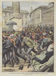 De algemene staking van arbeiders in Rome, de troepen verdrijven de stakers op het Piazza Colonna