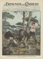 Hevige strijd tussen een visser en een adelaar die hem plotseling aanvalt in het dennenbos van Ravenna