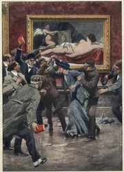 Mary Richardson (1889-1961), Canadese suffragetteactiviste, snijdt met een mes het schilderij "De Rokeby Venus" van schilder Don Diego Velázquez kapot in een zaal van de National Gallery in Londen. Illustratie van Achille Beltrame voor "La domenica del