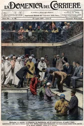 Massadoop: In Glasgow, Schotland, werden meer dan honderd mensen, leden van de nieuwe True Bible Church, gedoopt in het gemeentelijk zwembad. Illustratie door Beltrame. La Domenica del Corriere. 22/07/1928