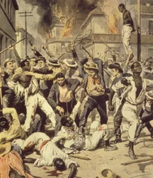 Menigte jaagt op zwarten in Springfield, Illinois, Achille Beltrame, uit La Domenica del Corriere, augustus 1908
