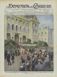 Dood van de hertogin van Genua, de moeder, het lichaam verlaat de villa van Stresa, aan het Lago Maggiore