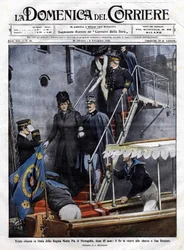 Trieste terugkeer naar Italië van koningin Maria Pia van Portugal na 48 jaar: de Italiaanse koning Victor Emmanuel III ontving haar in San Rossore in Toscane. Illustratie door Beltrame. La Domenica del Corriere. 6/11/1910