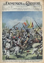 Scène van vreugde in Addis Abeba (Addis Abeba), Ethiopië, terugkeer van Ras Hailou van grote politieoperaties. Defilé ter ere van de Duce (Benito Mussolini) en de koning van Ethiopië. Illustratie van Achille Beltrame in 
