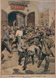 Ernstig tekort aan werk in Apulië, ovens bestormd door werklozen uit Cerignola, illustratie van Achille Beltrame (1871-1945), uit La Domenica del Corriere, 20 december 1908